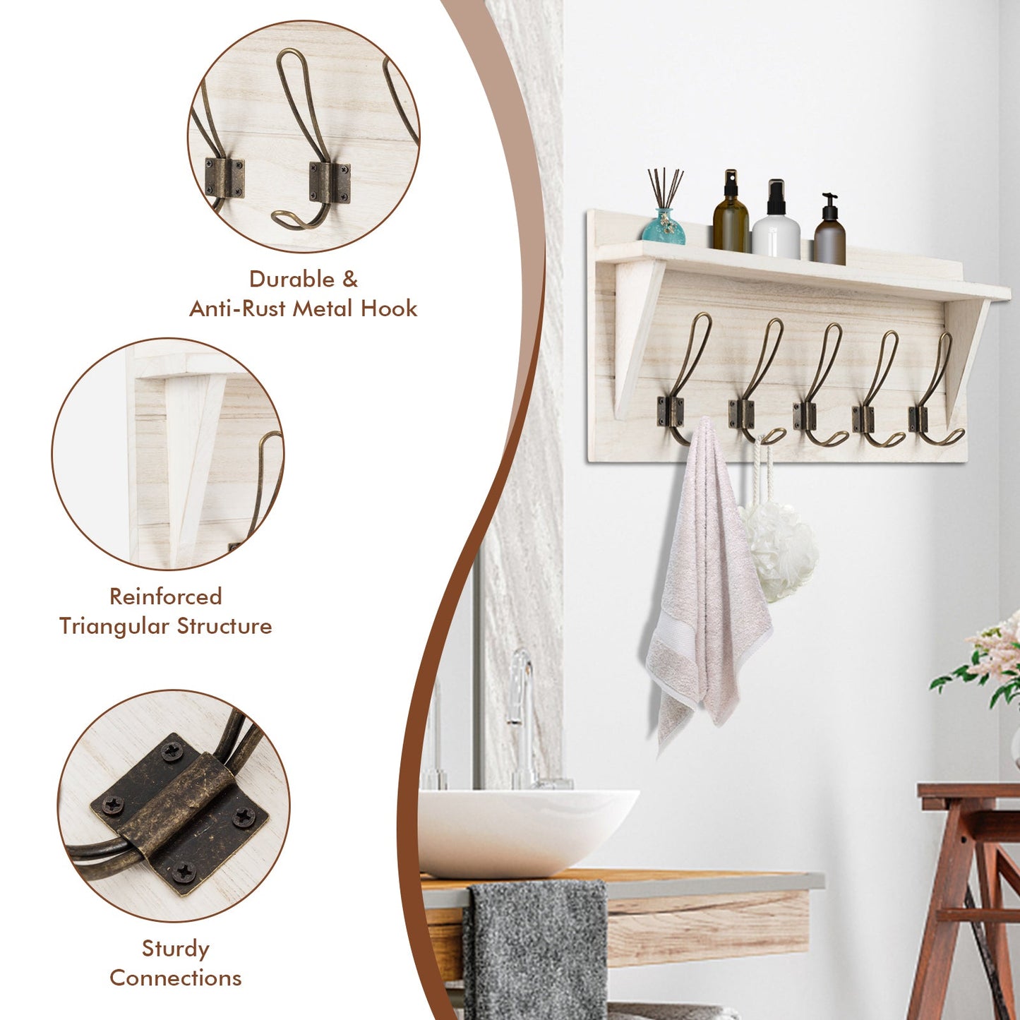 Wall-Mounted Coat Hooks with Shelf for Entryway-White