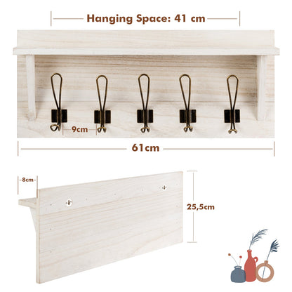 Wall-Mounted Coat Hooks with Shelf for Entryway-White