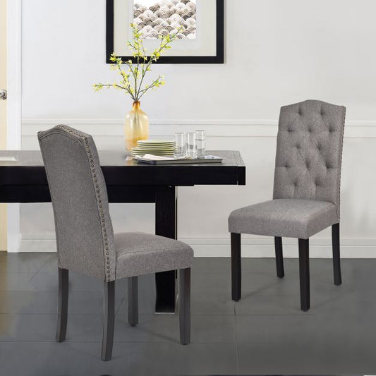 Set of 2 Tufted Dining Chair with Rubber Wooden Leg-Grey