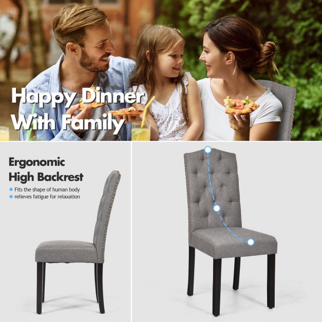 Set of 2 Tufted Dining Chair with Rubber Wooden Leg-Grey