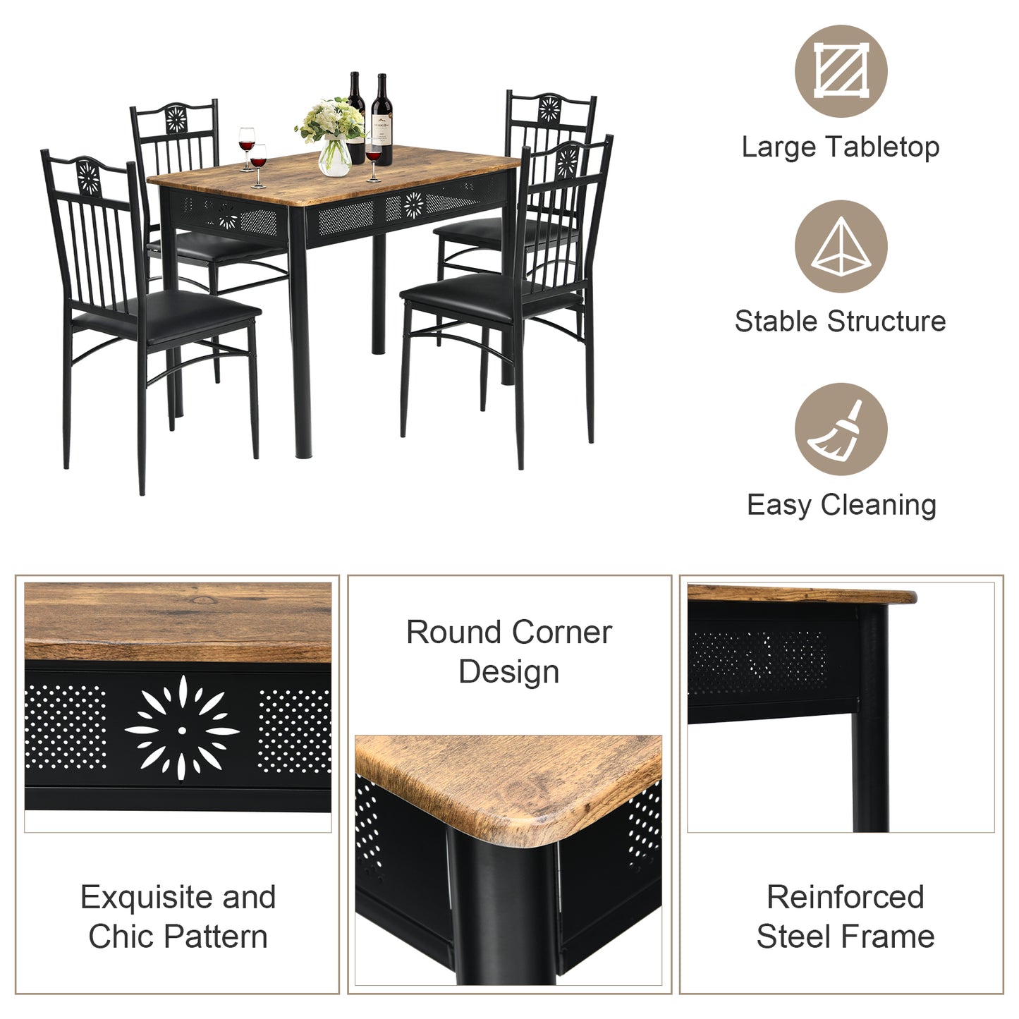 5 Pieces Kitchen Dining Table and Chair Set with Sponge Cushion-Natural