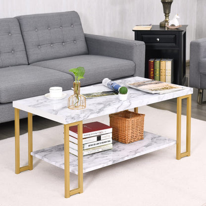 2-Tier Marble Print Coffee Table with MDF Top and Gold Print Metal Frame