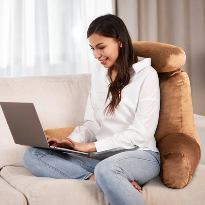 Extra Large Bed Rest Reading Pillow with Detachable Neck Roll-Brown