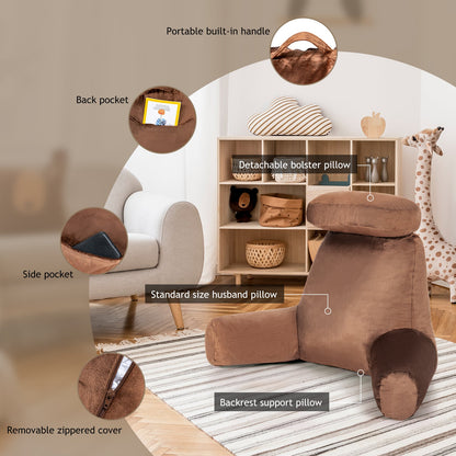 Extra Large Bed Rest Reading Pillow with Detachable Neck Roll-Brown