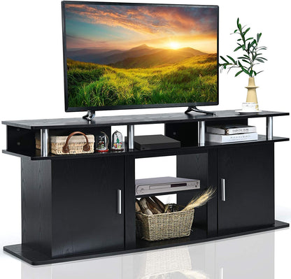 Wooden TV Cabinet Media Entertainment Center with 2 Doors and Open Shelves-Black