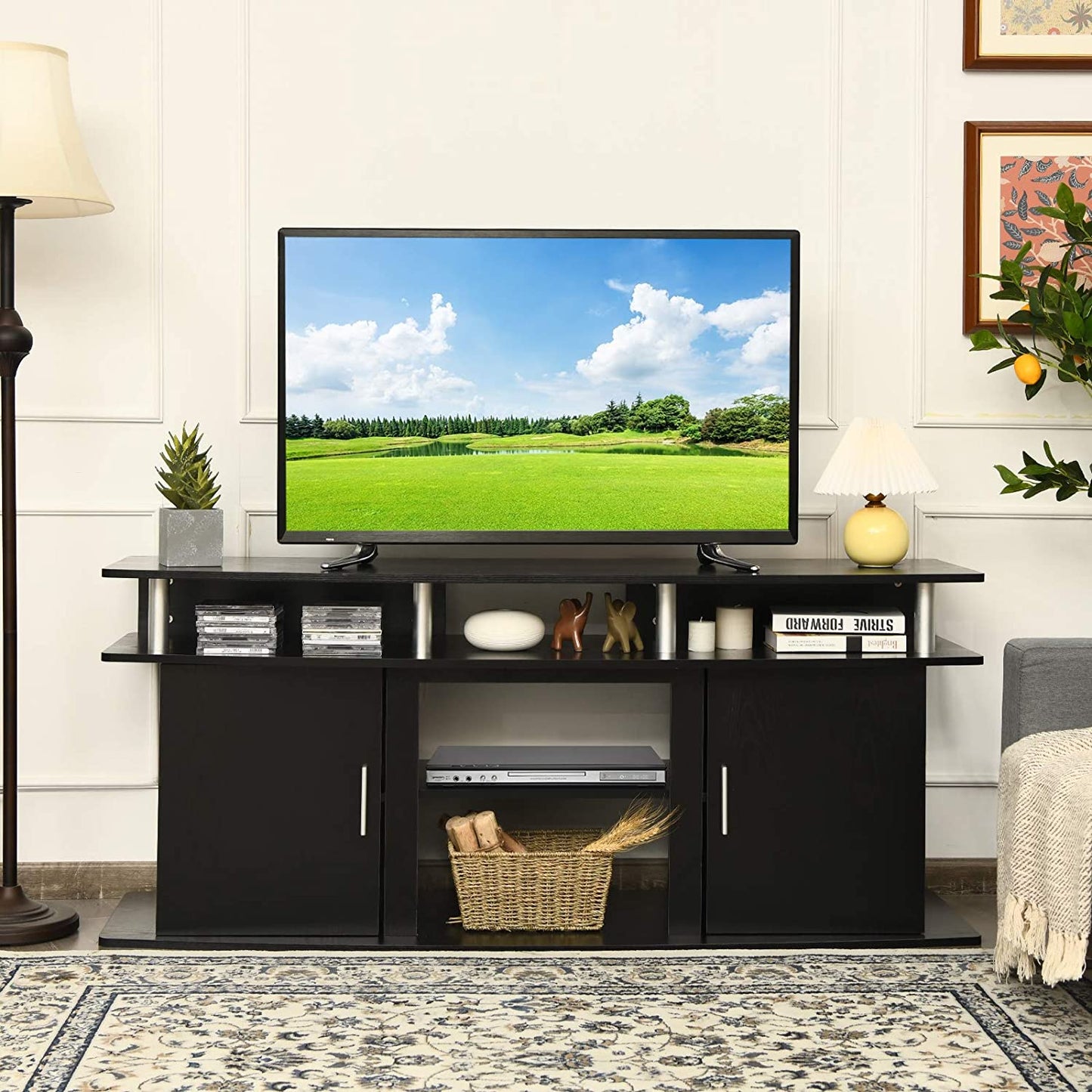 Wooden TV Cabinet Media Entertainment Center with 2 Doors and Open Shelves-Black