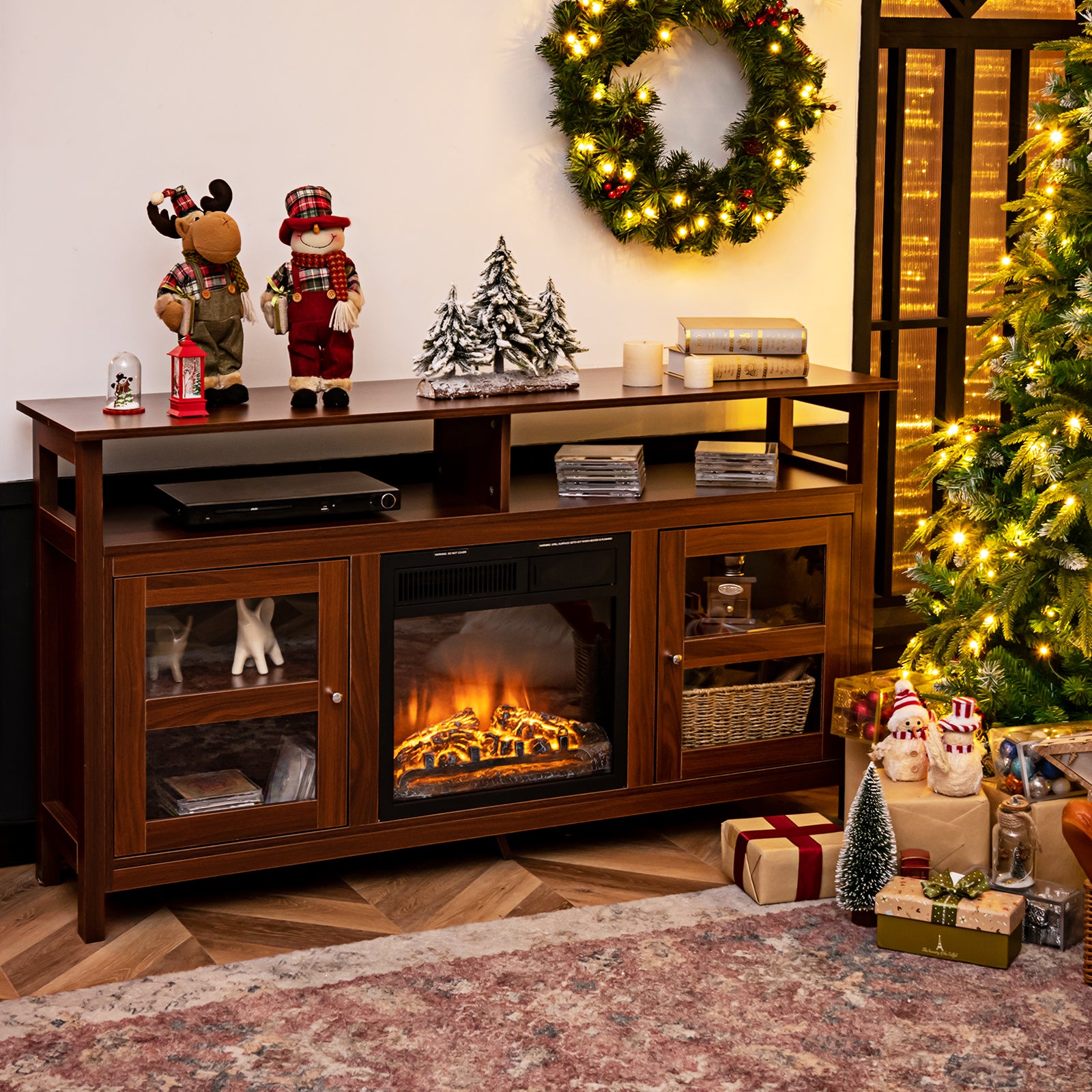 Living Room Console Table for TVs with Wooden Fireplace and 2 Cabinets -Brown