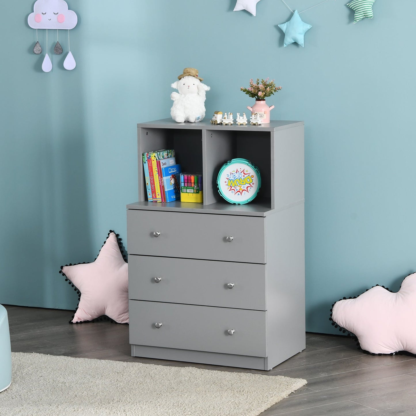 3-Drawer Dresser with 2 Open Compartments for Living Room Bedroom-Grey