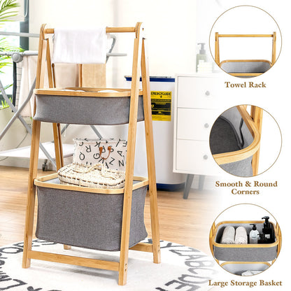 Bamboo Laundry Basket with Fabric Storage Bins-Natural