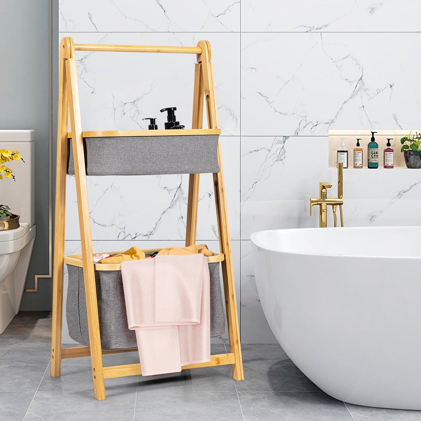 Bamboo Laundry Basket with Fabric Storage Bins-Natural