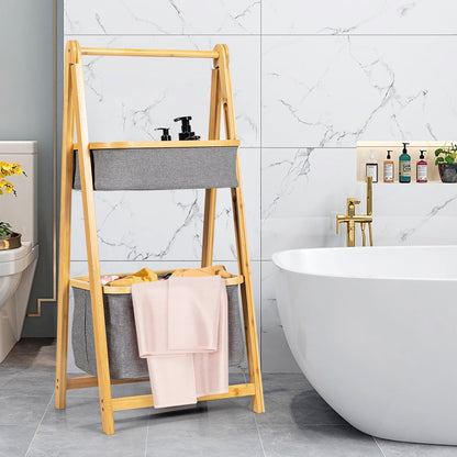 Bamboo Laundry Basket with Fabric Storage Bins-Natural