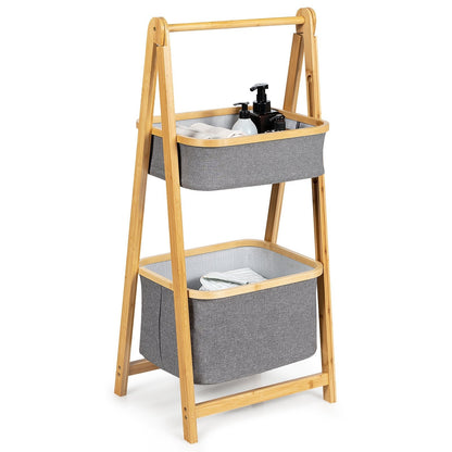 Bamboo Laundry Basket with Fabric Storage Bins-Natural