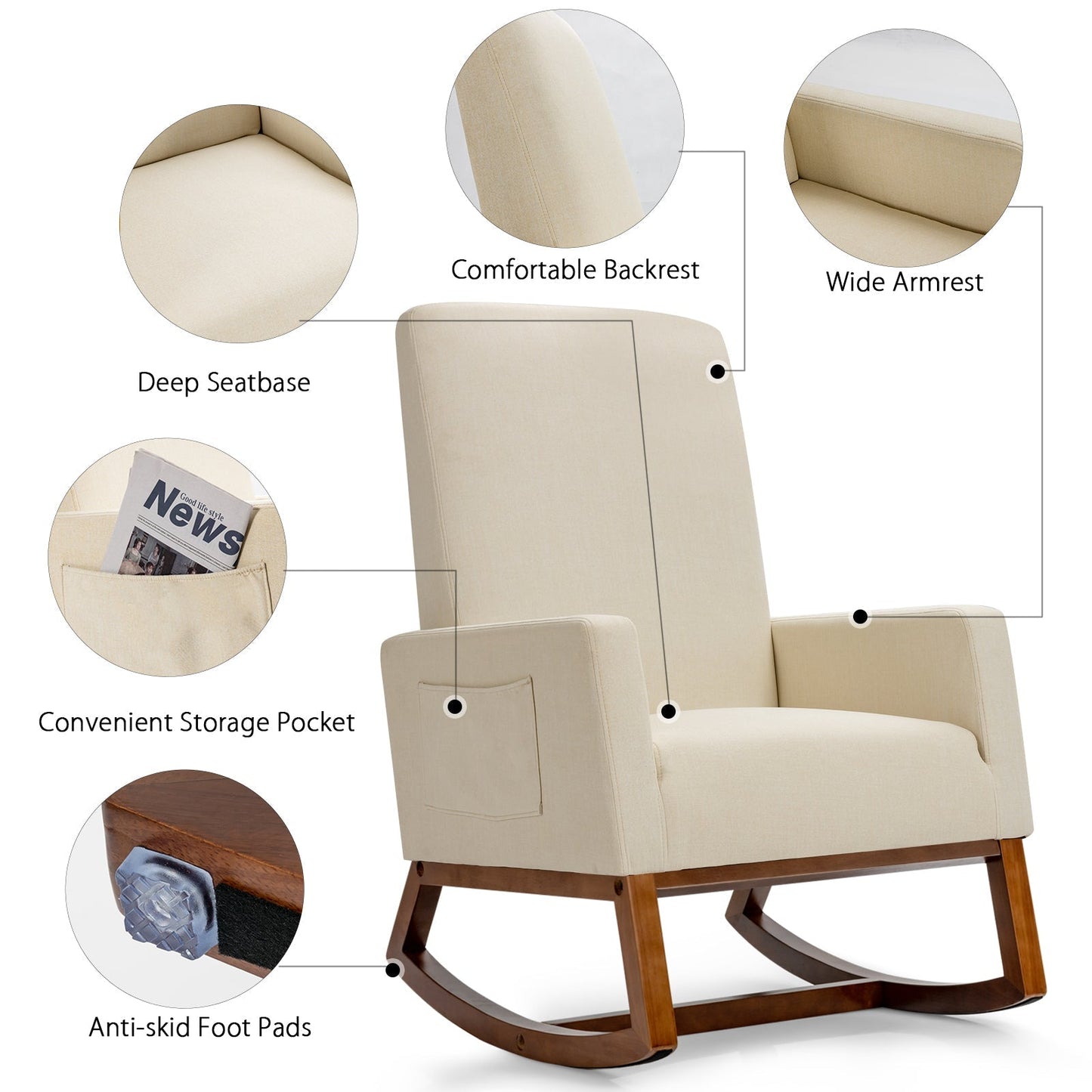 Upholstered Fabric Armchair with Rubber Wood Base-Beige