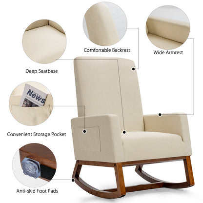 Upholstered Fabric Armchair with Rubber Wood Base-Beige