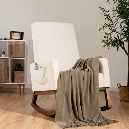 Upholstered Fabric Armchair with Rubber Wood Base-Beige