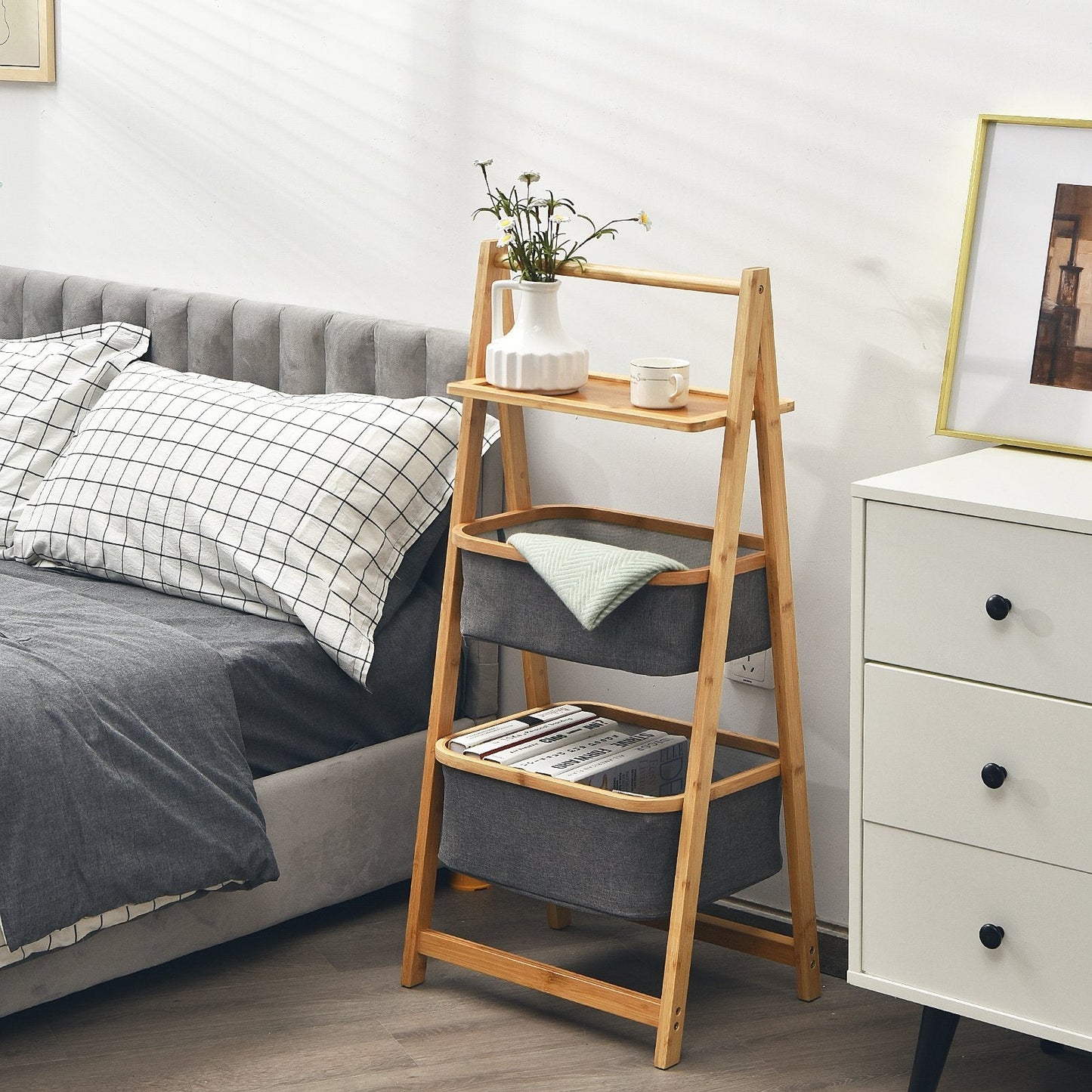 Freestanding A-Frame Laundry Hamper with Shelf-Natural