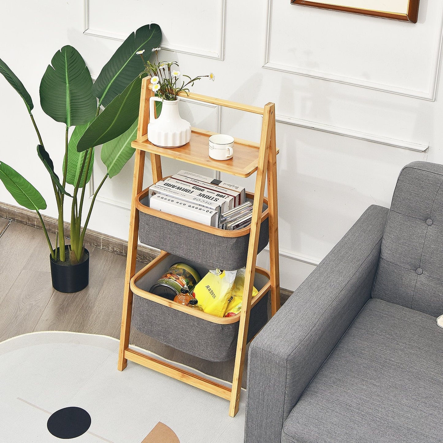 Freestanding A-Frame Laundry Hamper with Shelf-Natural