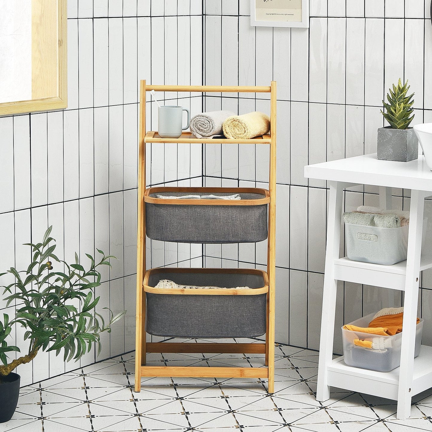Freestanding A-Frame Laundry Hamper with Shelf-Natural