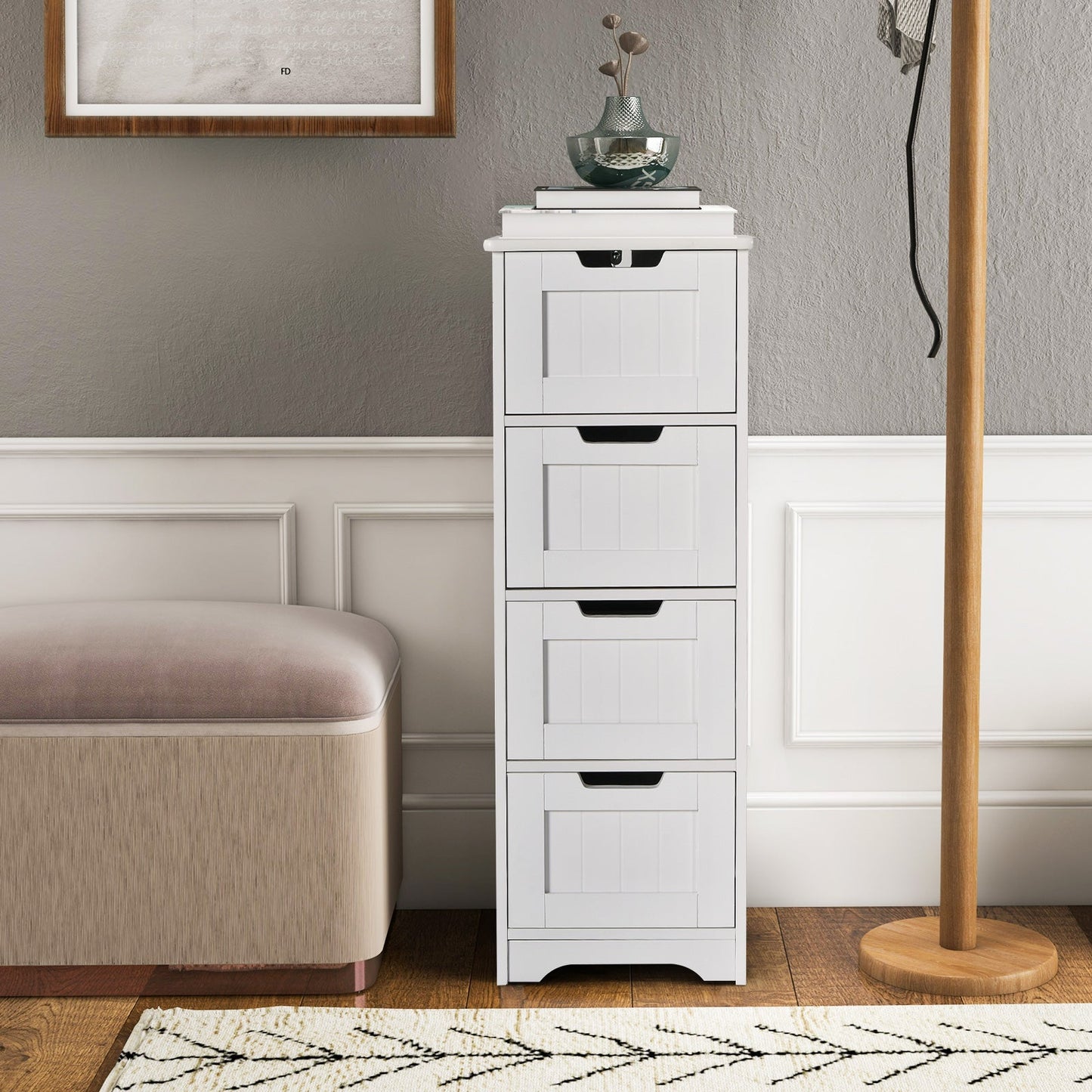 Floor Storage Cabinet Freestanding Bathroom Cabinet with 4 Drawers-White