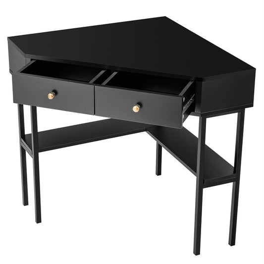 Triangular Corner Computer Desk with 2 Drawers and Storage Shelves-Black