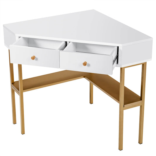 Triangular Corner Computer Desk with 2 Drawers and Storage Shelves-Golden