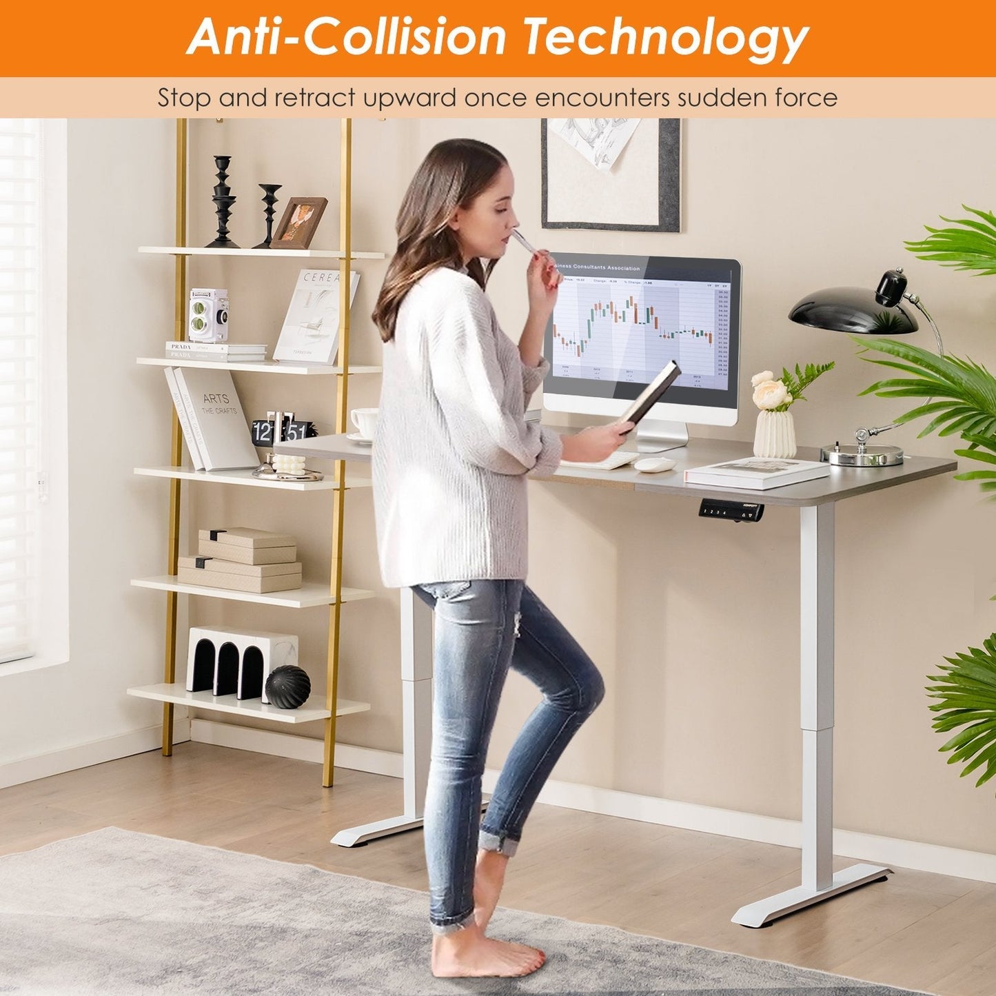 Electric Height Adjustable Standing Desk with Memory Smart Presets and Anti-Collision Function-Grey
