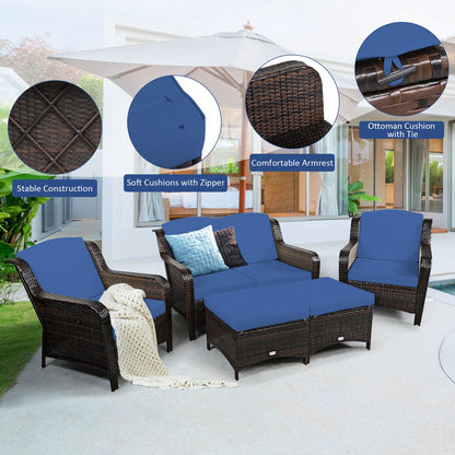 5 Pieces Patio Furniture Set with Removable Cushions and Loveseat-Navy