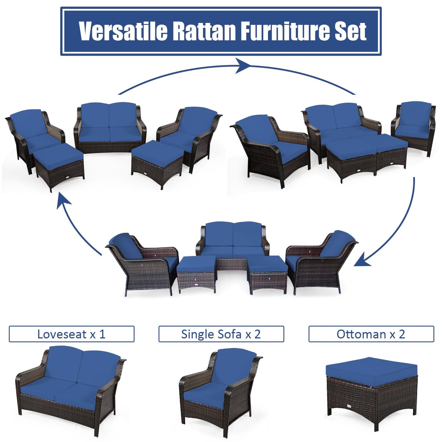 5 Pieces Patio Furniture Set with Removable Cushions and Loveseat-Navy