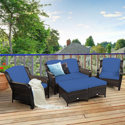 5 Pieces Patio Furniture Set with Removable Cushions and Loveseat-Navy