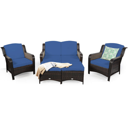 5 Pieces Patio Furniture Set with Removable Cushions and Loveseat-Navy