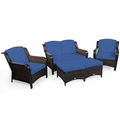 5 Pieces Patio Furniture Set with Removable Cushions and Loveseat-Navy