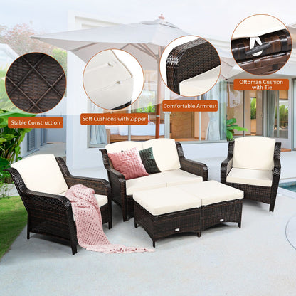 5 Pieces Patio Furniture Set with Removable Cushions and Loveseat-White