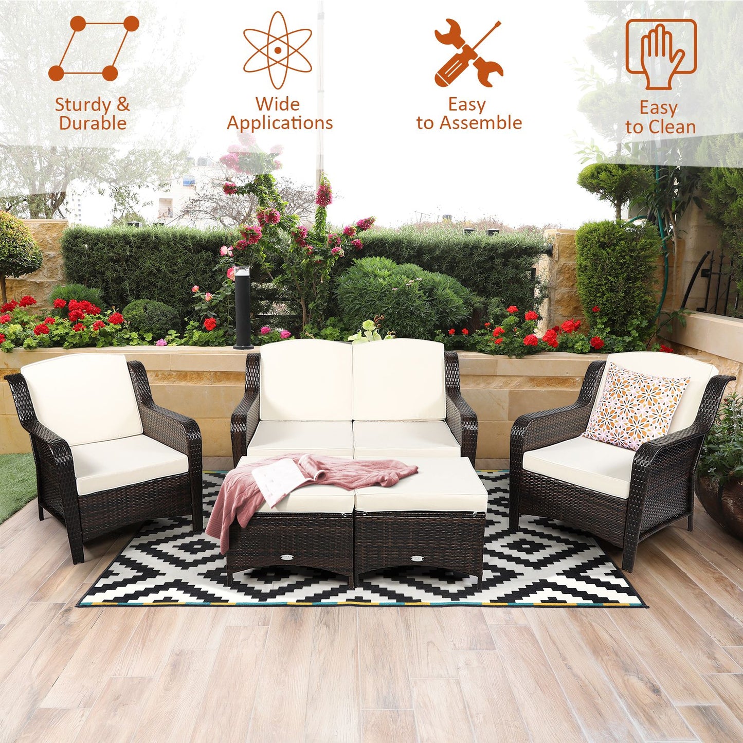 5 Pieces Patio Furniture Set with Removable Cushions and Loveseat-White