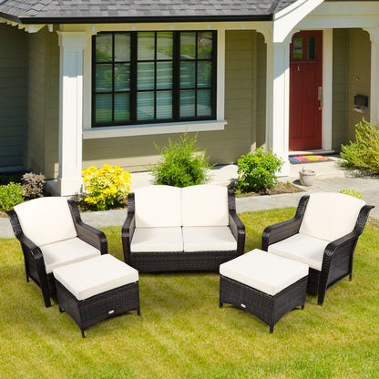 5 Pieces Patio Furniture Set with Removable Cushions and Loveseat-White