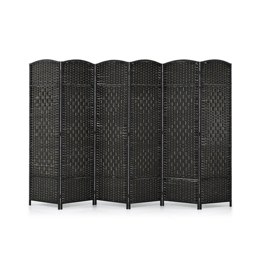 6 Panel Folding Room Divider with Hand-Woven Wicker for Home Office-Black