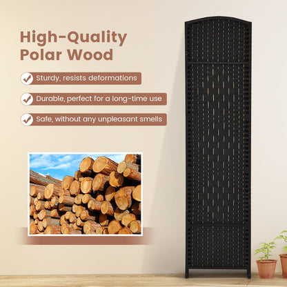 6 Panel Folding Room Divider with Hand-Woven Wicker for Home Office-Black