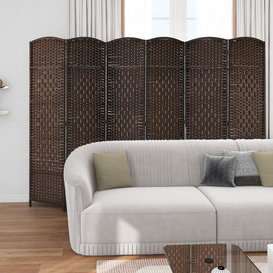 6 Panel Folding Room Divider with Hand-Woven Wicker for Home Office-Brown