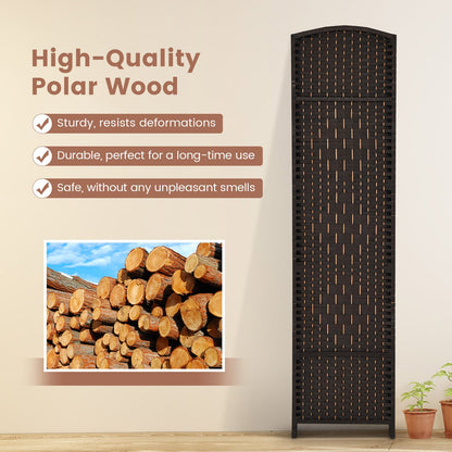 6 Panel Folding Room Divider with Hand-Woven Wicker for Home Office-Brown