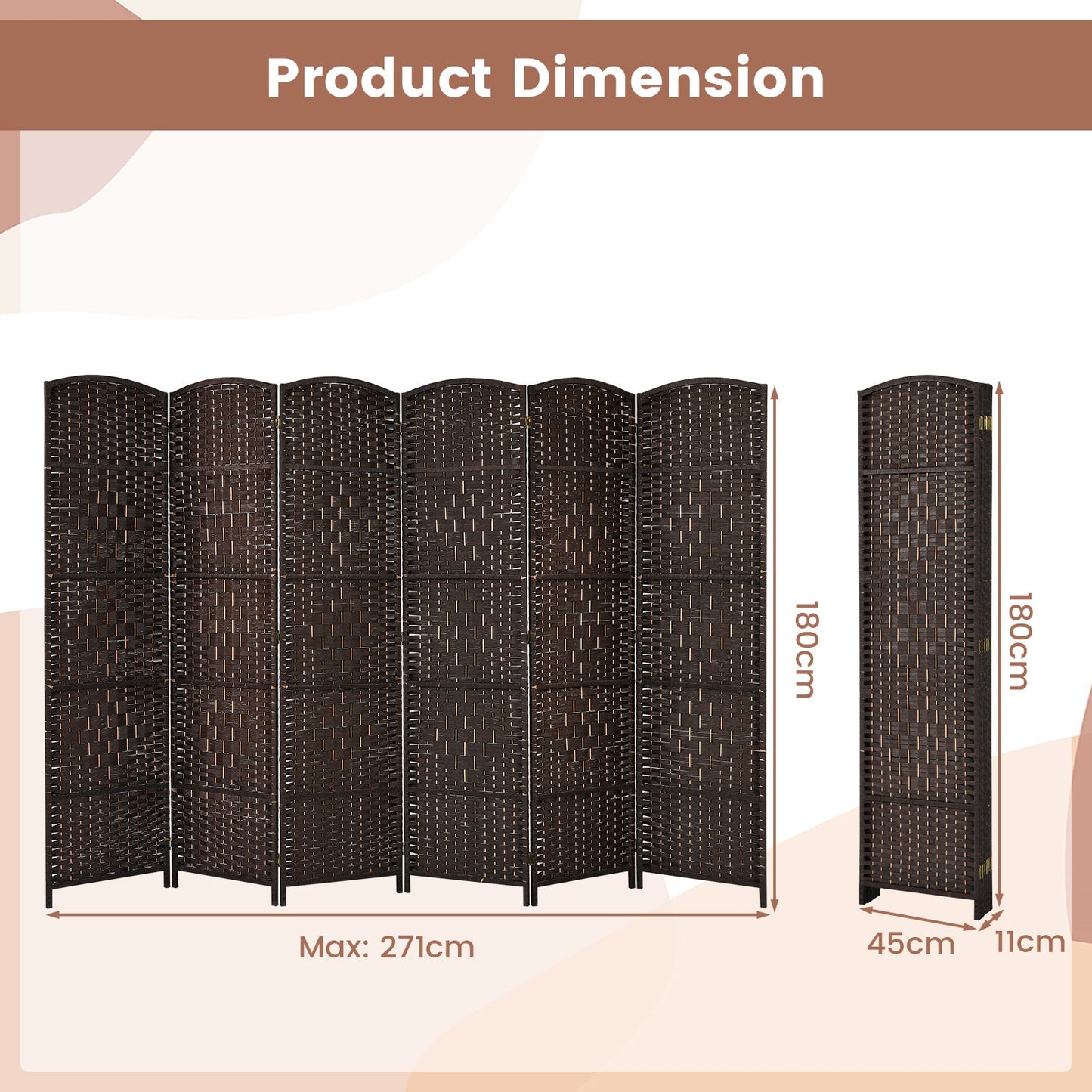 6 Panel Folding Room Divider with Hand-Woven Wicker for Home Office-Brown