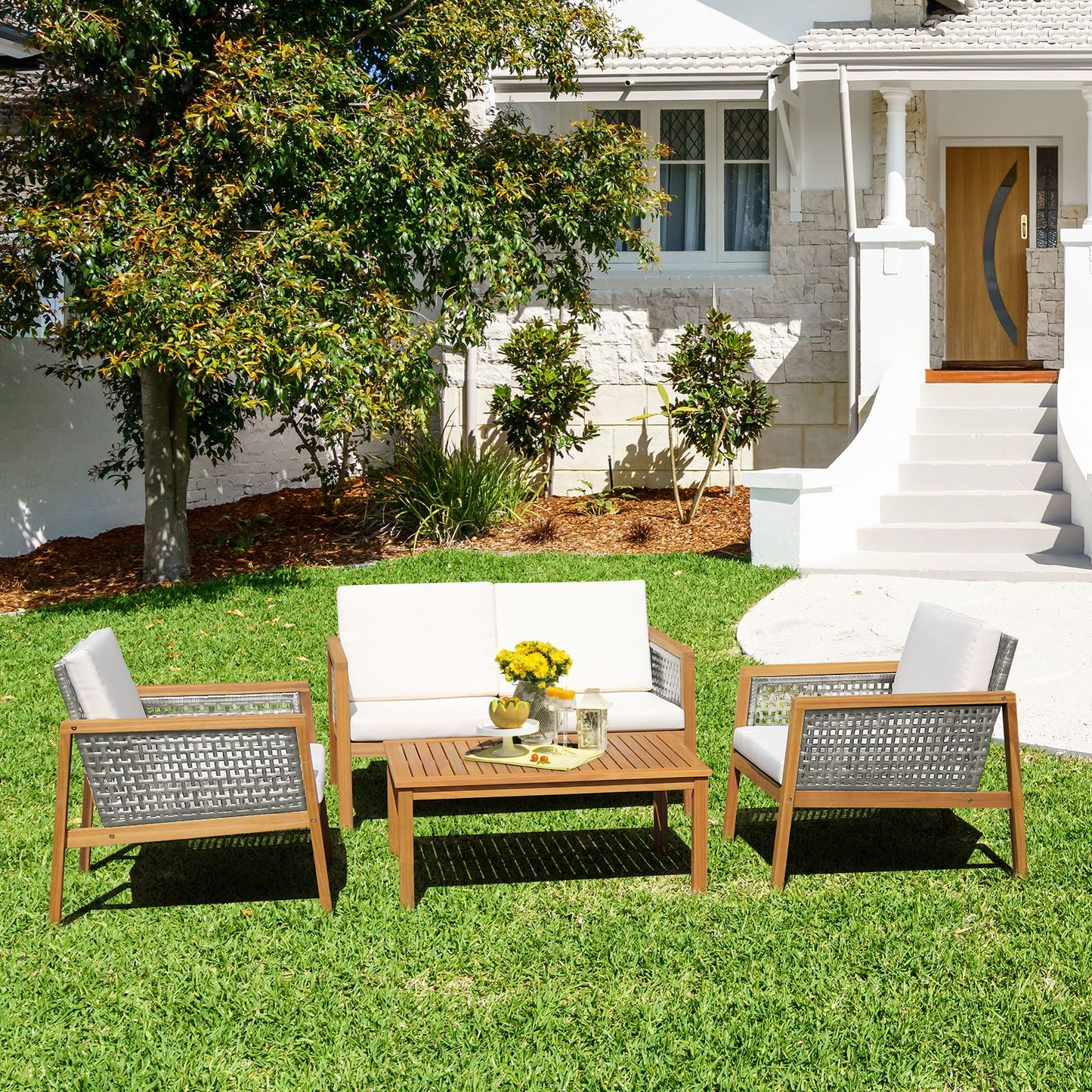 4-Piece Patio Acacia Wood Furniture Set with Removable Cushions-White