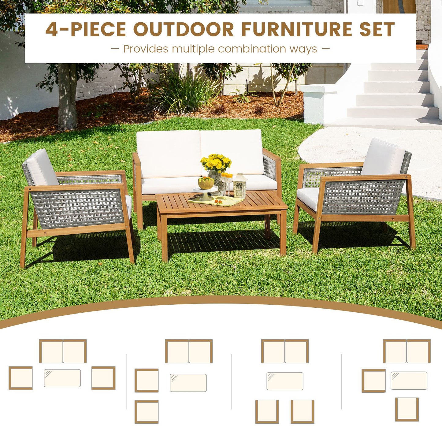 4-Piece Patio Acacia Wood Furniture Set with Removable Cushions-White