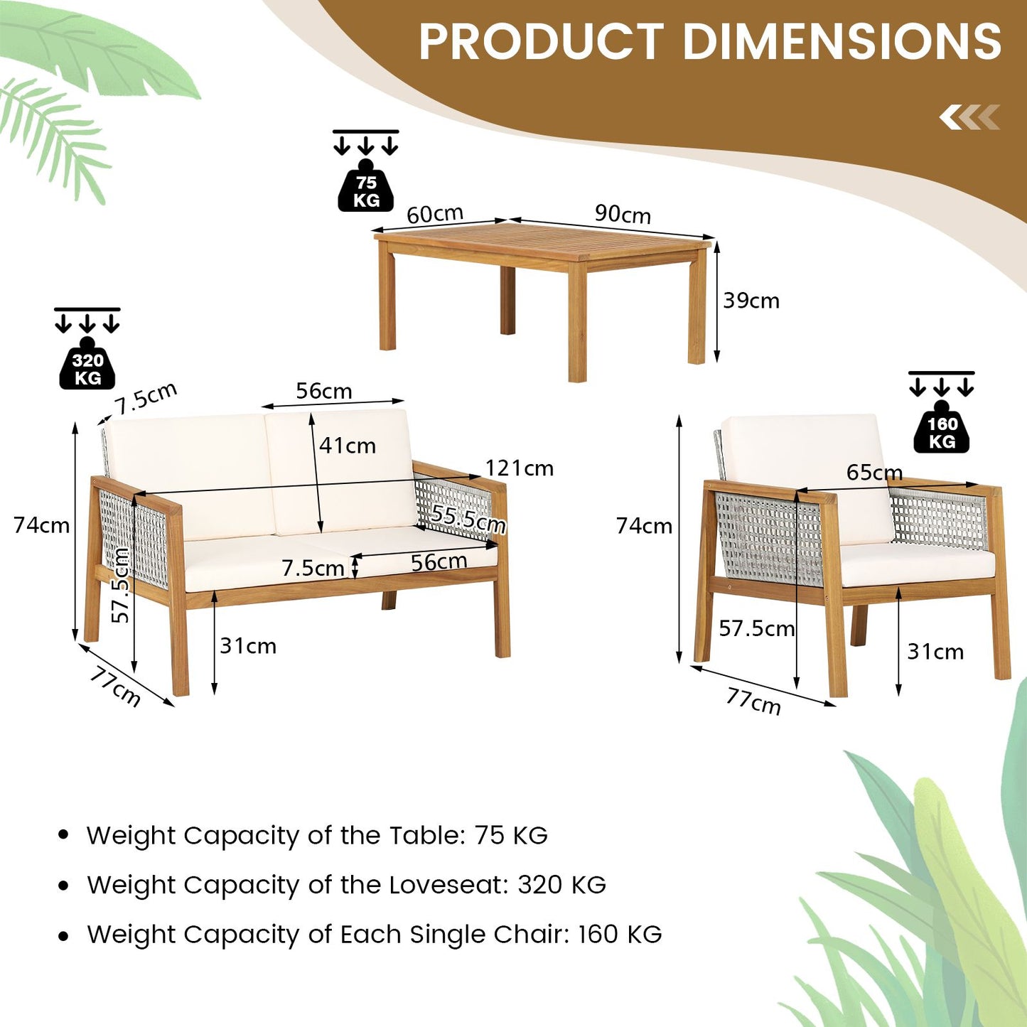 4-Piece Patio Acacia Wood Furniture Set with Removable Cushions-White