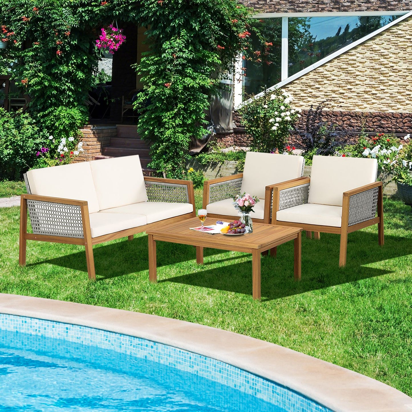 4-Piece Patio Acacia Wood Furniture Set with Removable Cushions-White