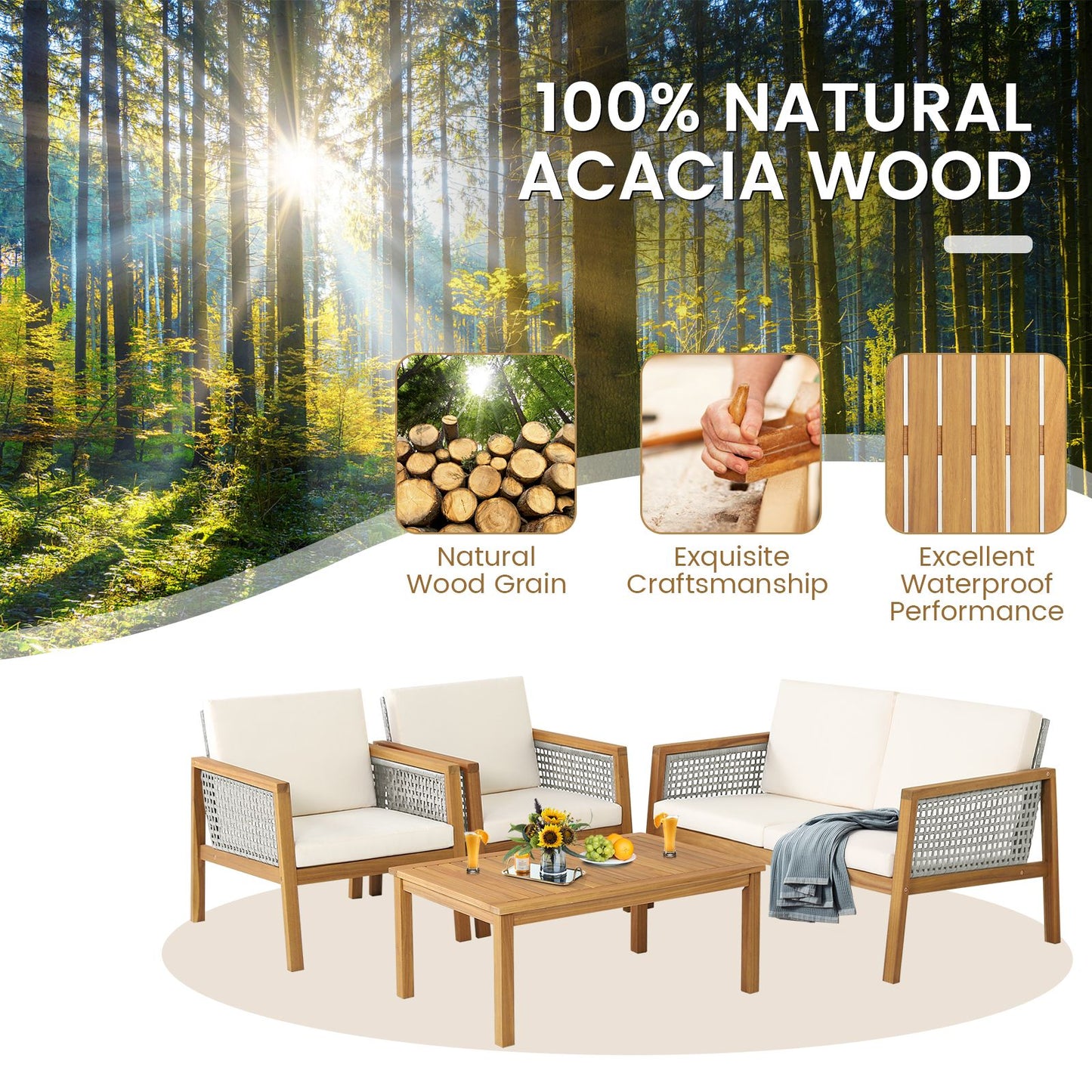 4-Piece Patio Acacia Wood Furniture Set with Removable Cushions-White