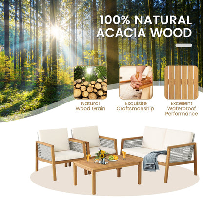 4-Piece Patio Acacia Wood Furniture Set with Removable Cushions-White