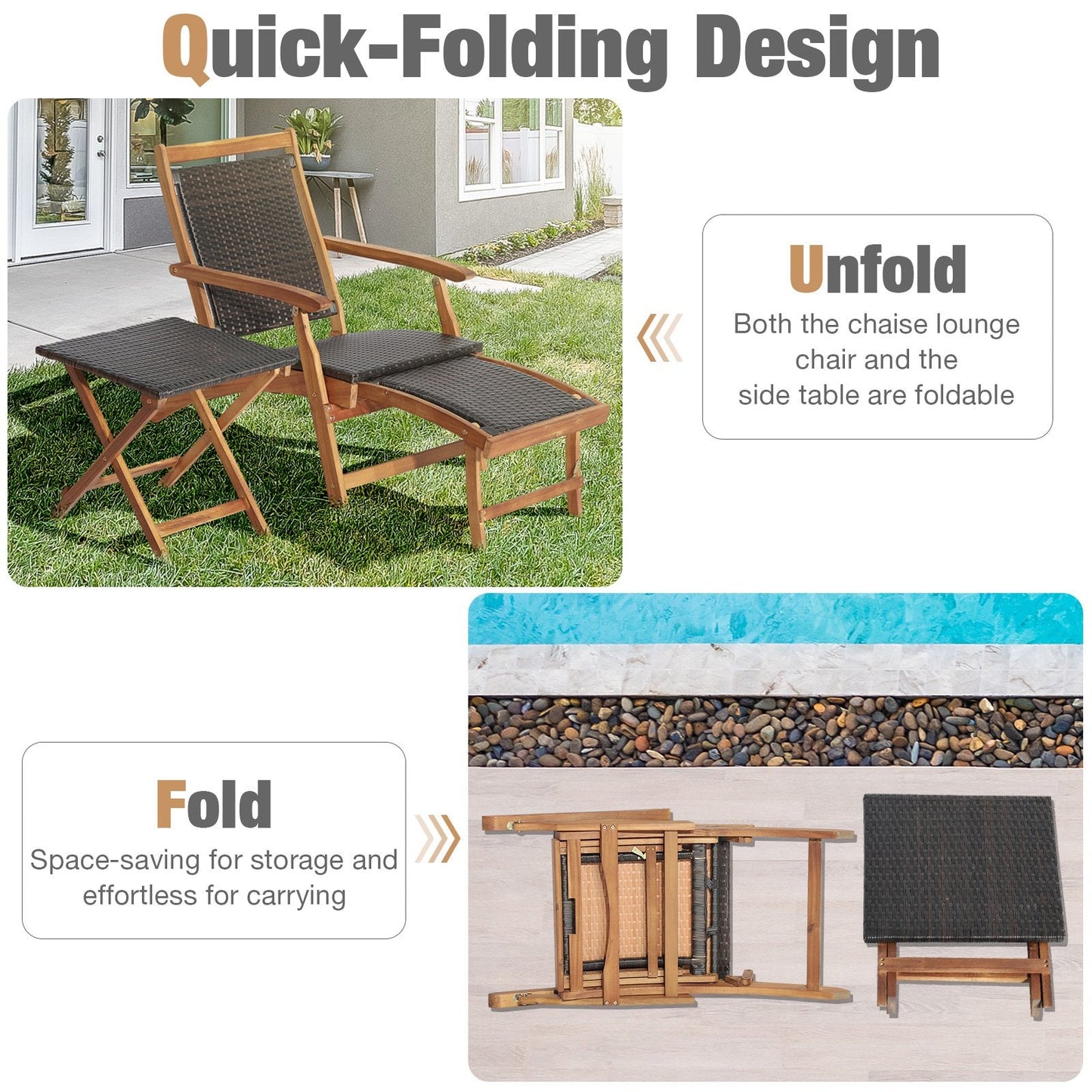 Folding Patio Lounge Chair with Retractable Footrest for Outdoor