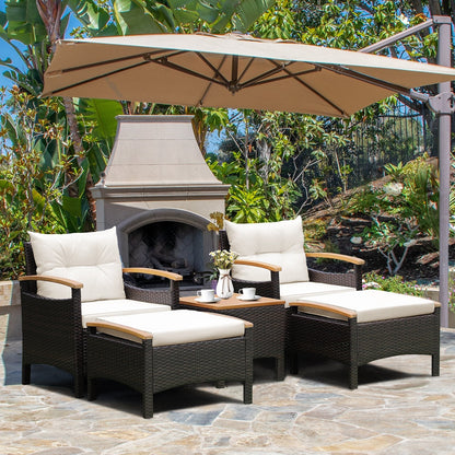 5 Pieces Patio Rattan Furniture Set with Cushions and Ottomans