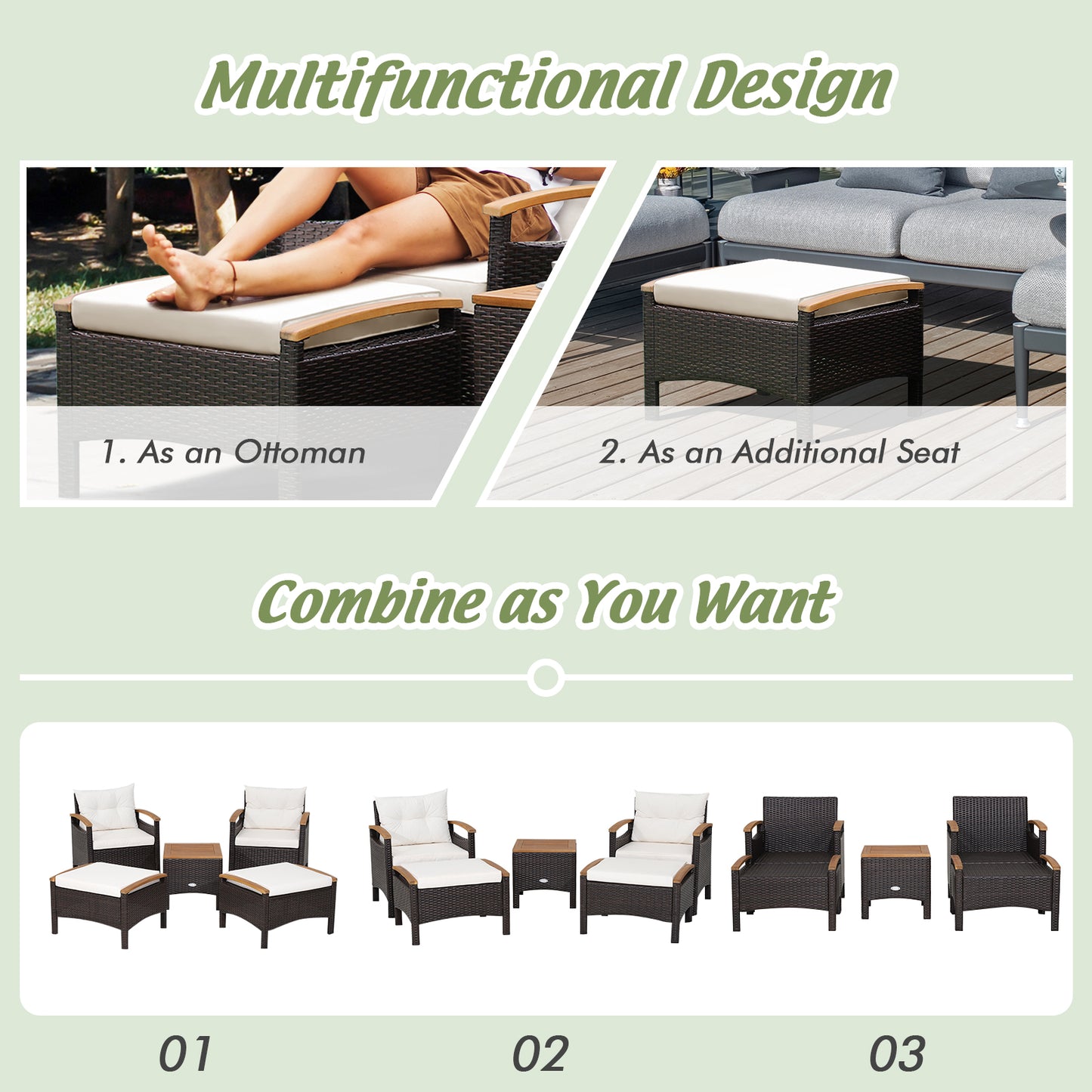 5 Pieces Patio Rattan Furniture Set with Cushions and Ottomans