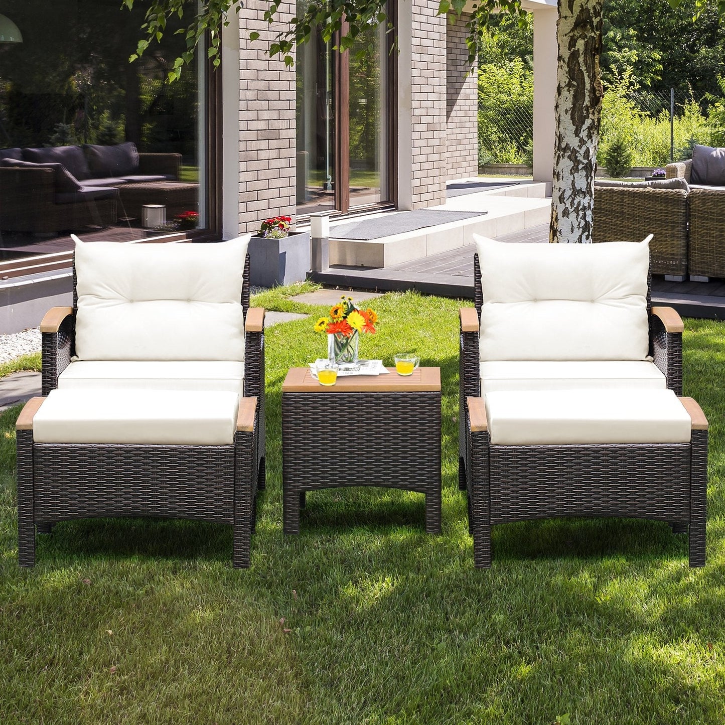 5 Pieces Patio Rattan Furniture Set with Cushions and Ottomans