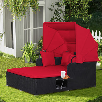 Garden Rattan Daybed with Retractable Canopy and Cushions-Red